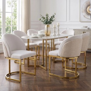 6er Set Merax Esszimmerstühle beige Chenille, goldfarbenes Metallgestell, doppelte Rückenlehne, im Esszimmer.