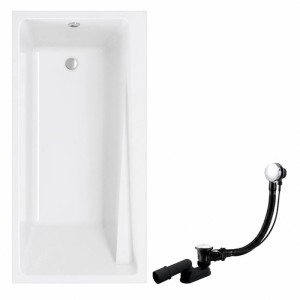 Weiße rechteckige Acryl-Badewanne KOLMAN 150x70 cm mit integriertem Ablauf und separatem Siphon-Set.