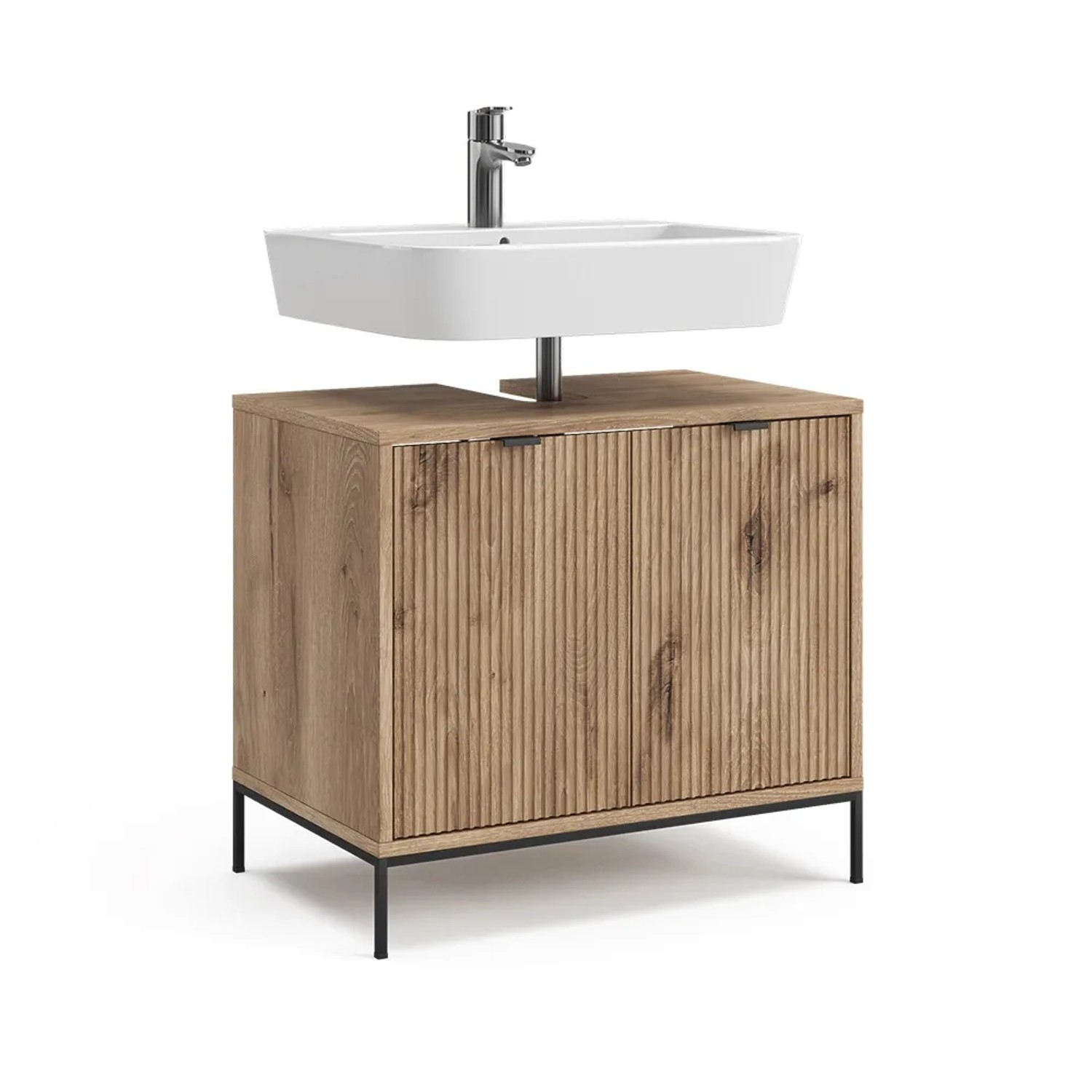 Vicco Waschtischunterschrank Eliza in Viking Oak mit Waschbecken und zwei Türen.