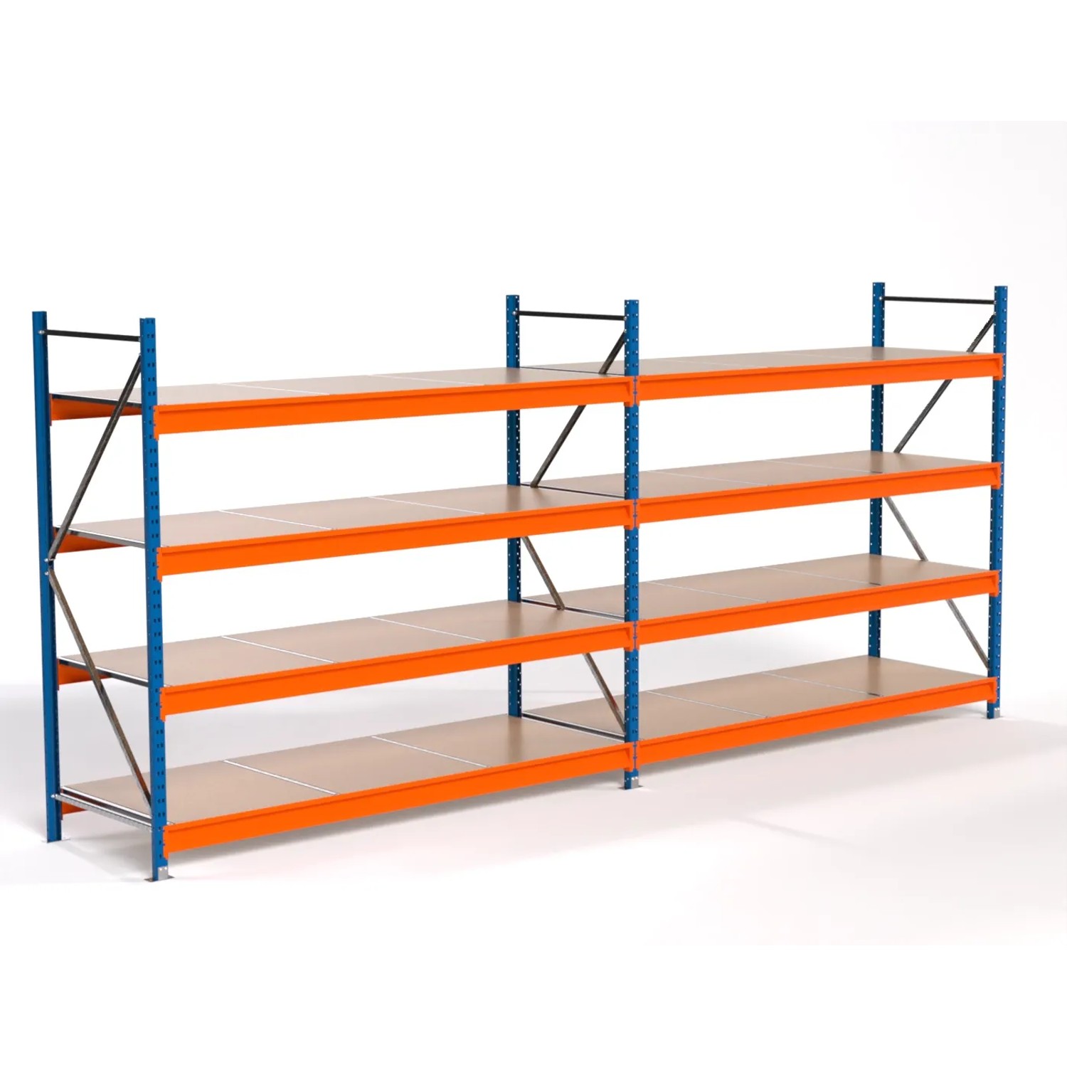 PROREGAL Industrie Weitspannregal Lagerregal MAXIMUS PRO Komplettregal 2 Felder HxBxT 200x450x80cm 4 Spanplatten-Fachboden Fachlast 610kg Blau/Orange