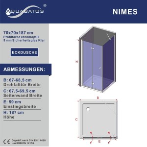 Aquabatos Eckdusche Falttür mit Seitenwand Duschkabine Eckeinstieg Rahmenlos 70 x 70 cm Duschwand Höhe 187 cm aus 5 mm ESG Sicherheitsglas