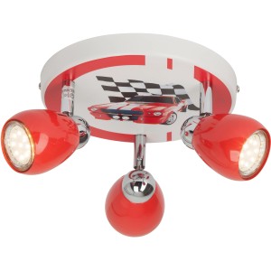 Brilliant LED-Spotrondell Racing, 3-flammig, rot/weiß-schwarz, Kinderzimmer-Deckenlampe mit Auto-Motiv.