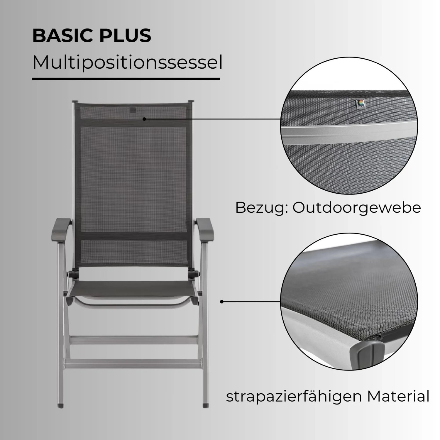 Kettler Basic Plus Klappsessel, silbernes Aluminium, anthrazitfarbenes Outdoorgewebe. Multipositionssessel.
