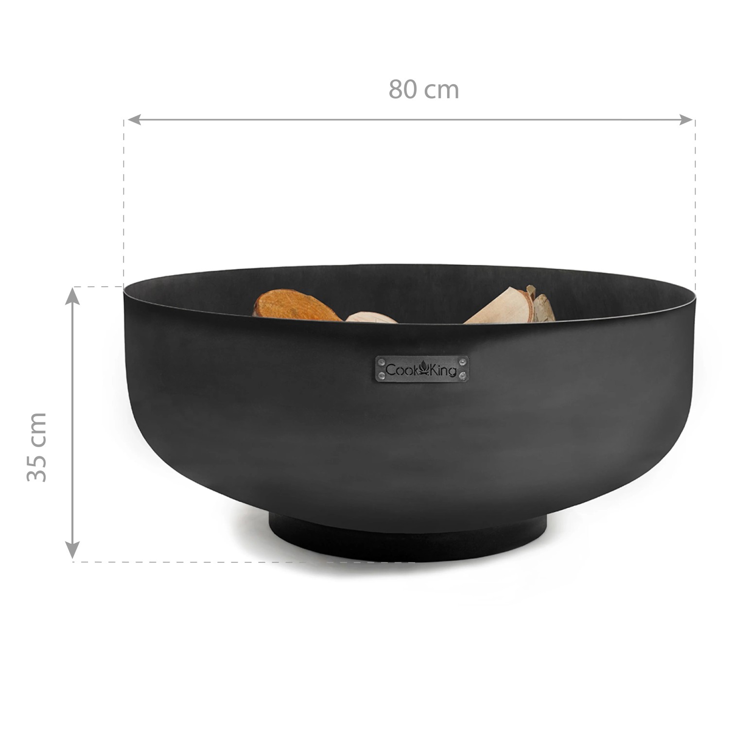 Schwarze CookKing Feuerschale Palermo XXL, Ø 80 cm, aus Stahl mit Holzscheiten.