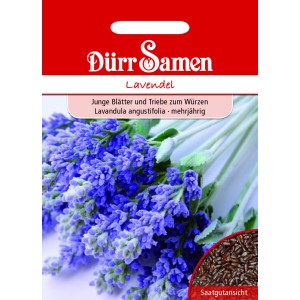 Dürr Samen Lavendel Saatgut: Packung mit Lavendelblüten und Saatgutansicht.