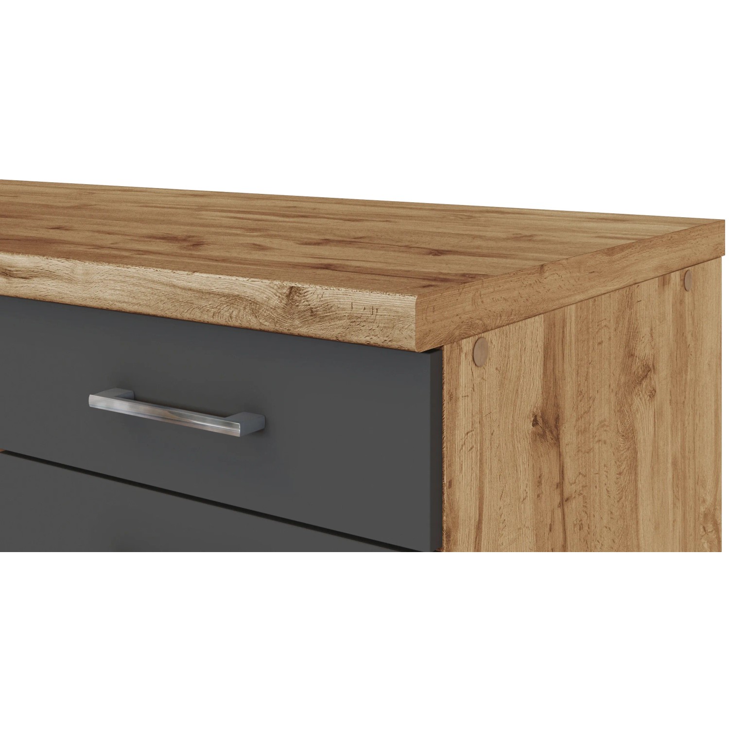 Detailaufnahme: Held Möbel Küchenzeile Sorrento in Anthrazit und Wotaneiche mit Schublade und Arbeitsplatte.