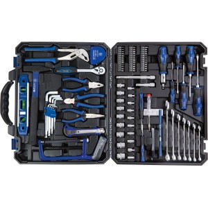 Geöffneter LUX Werkzeugkoffer, 108-teilig, mit Werkzeugen wie Hammer, Zangen, Schraubendreher und vielem mehr.