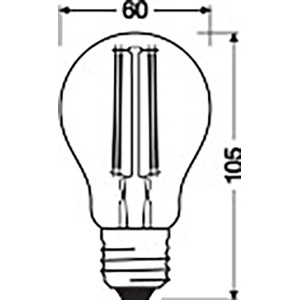 Ledvance Smart+ Filament E27 Leuchtmittel, 6W, klare Kolbenform mit Maßen.