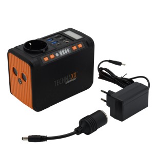 Kompakte Technaxx TX-205+ Powerstation, schwarz-orange, mit USB-Anschlüssen, AC-Steckdose und Ladezubehör.