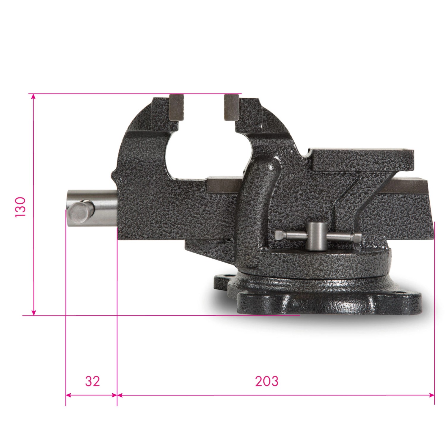EBERTH Schraubstock, 125mm Backen, drehbar, mit Maßangaben.