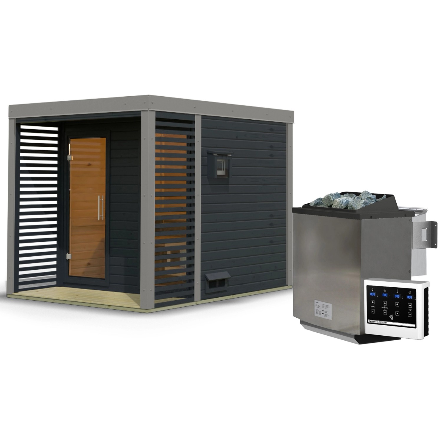 Karibu Saunahaus Seros 2 Zoll mit Ofen 9 kW Bio Extern Anthrazit/Graualumin günstig online kaufen