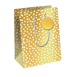 Clairefontaine Geschenktasche M, gold mit weißen Sternen, Kordelgriffen und rundem Etikett. Perfekt für Geschenke.