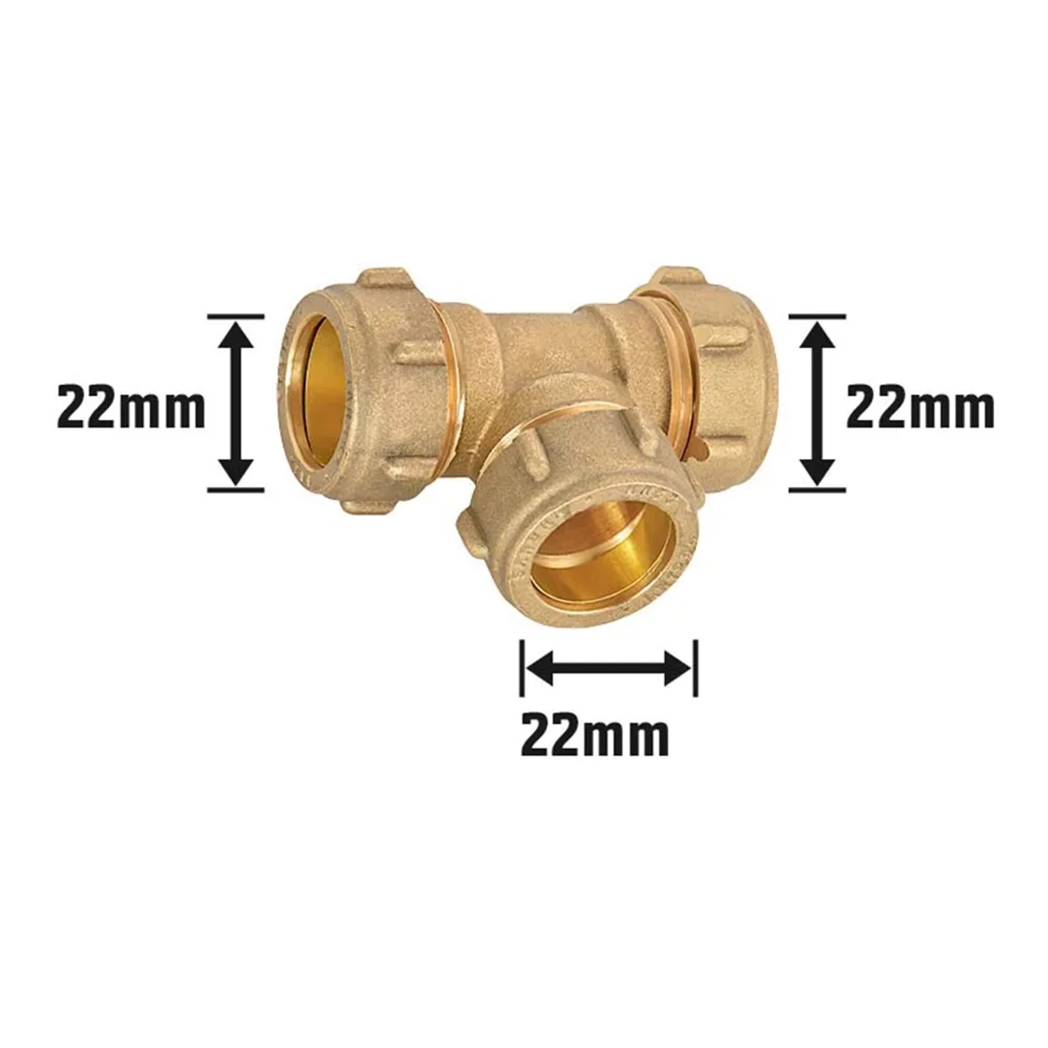 Klemmring T-Stück aus Messing, 22 mm Durchmesser für Sanitär- und Heizungsbereich.