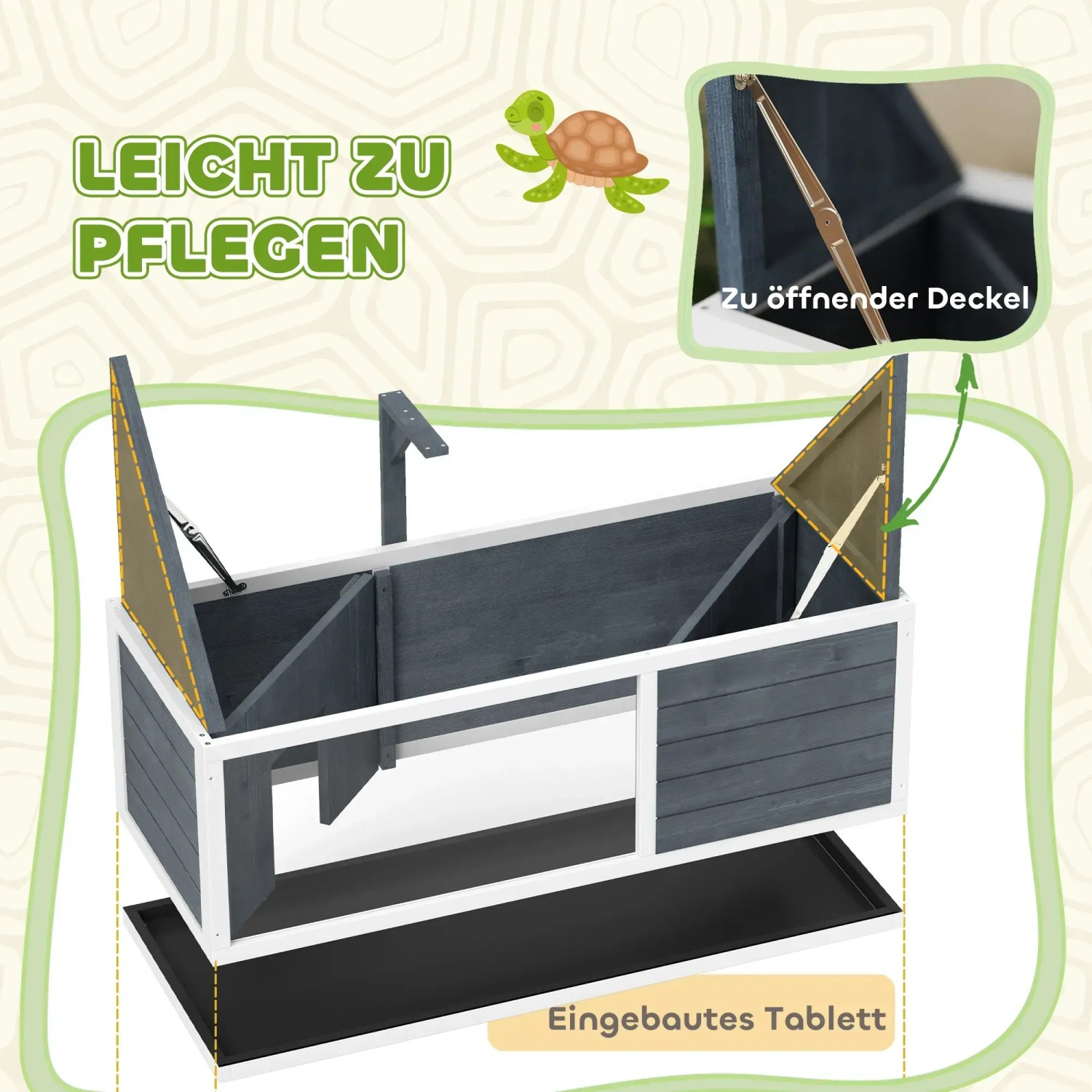 PawHut Schildkrötenhaus aus Tannenholz, grau/weiß, mit transparentem Design und herausnehmbarem Tablett.