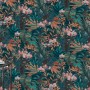 Rasch Vliestapete Salsa mit Blättern und Blüten in Nachtblau, Detailansicht.