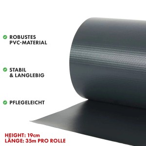 Anthrazitfarbene KARAT PVC Sichtschutzstreifen Rolle (19cm x 35m) für Gartenzäune.