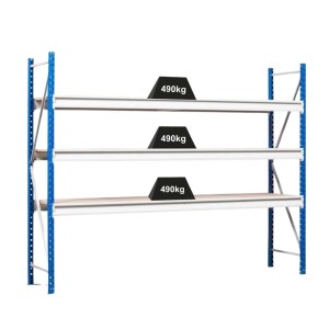 PROREGAL Weitspannregal Maximus Pro Grundregal mit 4 Ebenen, blau/grau, belastet mit Gewichten.