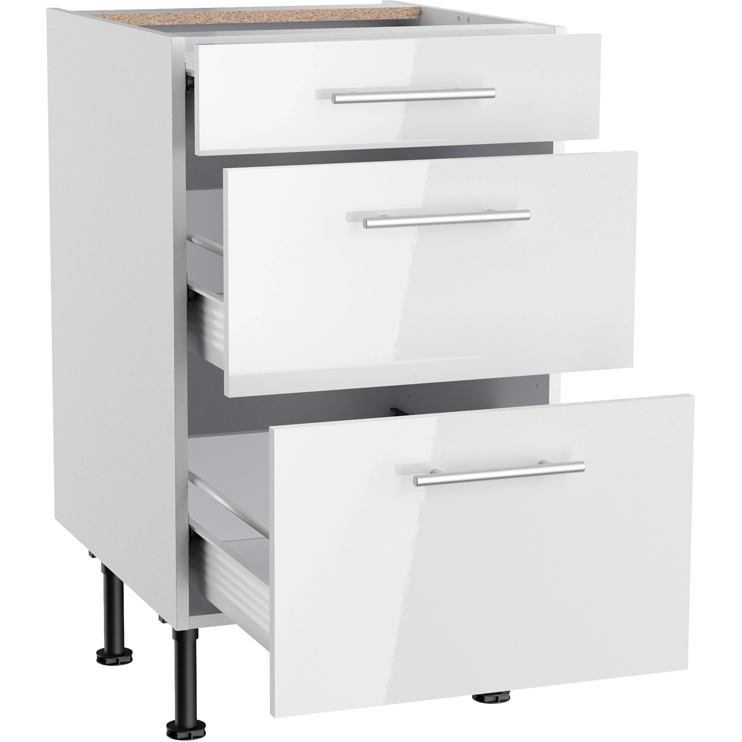 Optifit Unterschrank Rurik986, 50cm, mit 3 Auszügen, weiß glänzend, Edelstahlgriffe.
