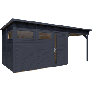 Anthrazitfarbenes Holz-Gartenhaus Bertilo Pentus 3 Lounge mit Lounge-Bereich, Fenster und Tür.