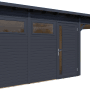 Anthrazitfarbenes Holz-Gartenhaus Bertilo Pentus 3 Lounge mit Lounge-Bereich, Fenster und Tür.