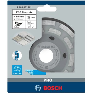 Bosch Diamanttopfscheibe für Beton Ø 115 mm. Graue Schleifscheibe mit Segmenten in Bosch Pro Verpackung.