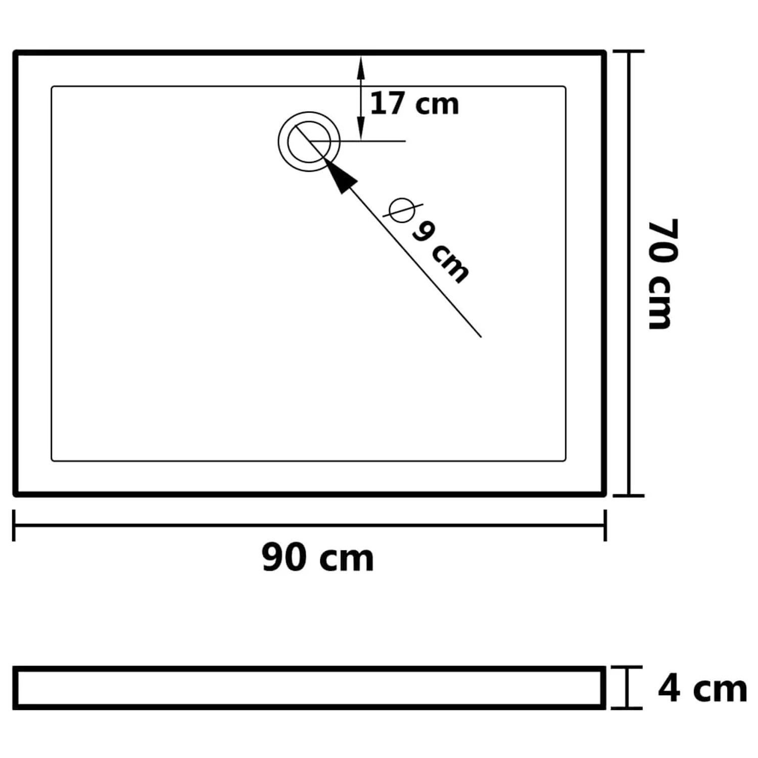 Maßzeichnung der vidaXL Duschwanne 90x70x4 cm in Weiß. Zeigt Abmessungen und Position des Ablauflochs.