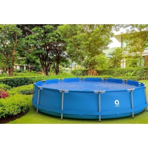 Blauer Avenli Stahlrahmenpool, rund, 420x84 cm, ohne Pumpe, mit Reparaturset im Garten.