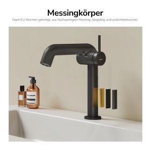 Emke Waschtischarmatur Schwarz Matt mit Messingkörper. Moderner Einhebelmischer für Bad & Waschbecken.