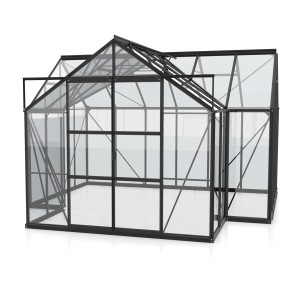 Schwarzes Vitavia Gewächshaus Sirius mit 13 m², ESG-Glas und Fundament für den Garten.