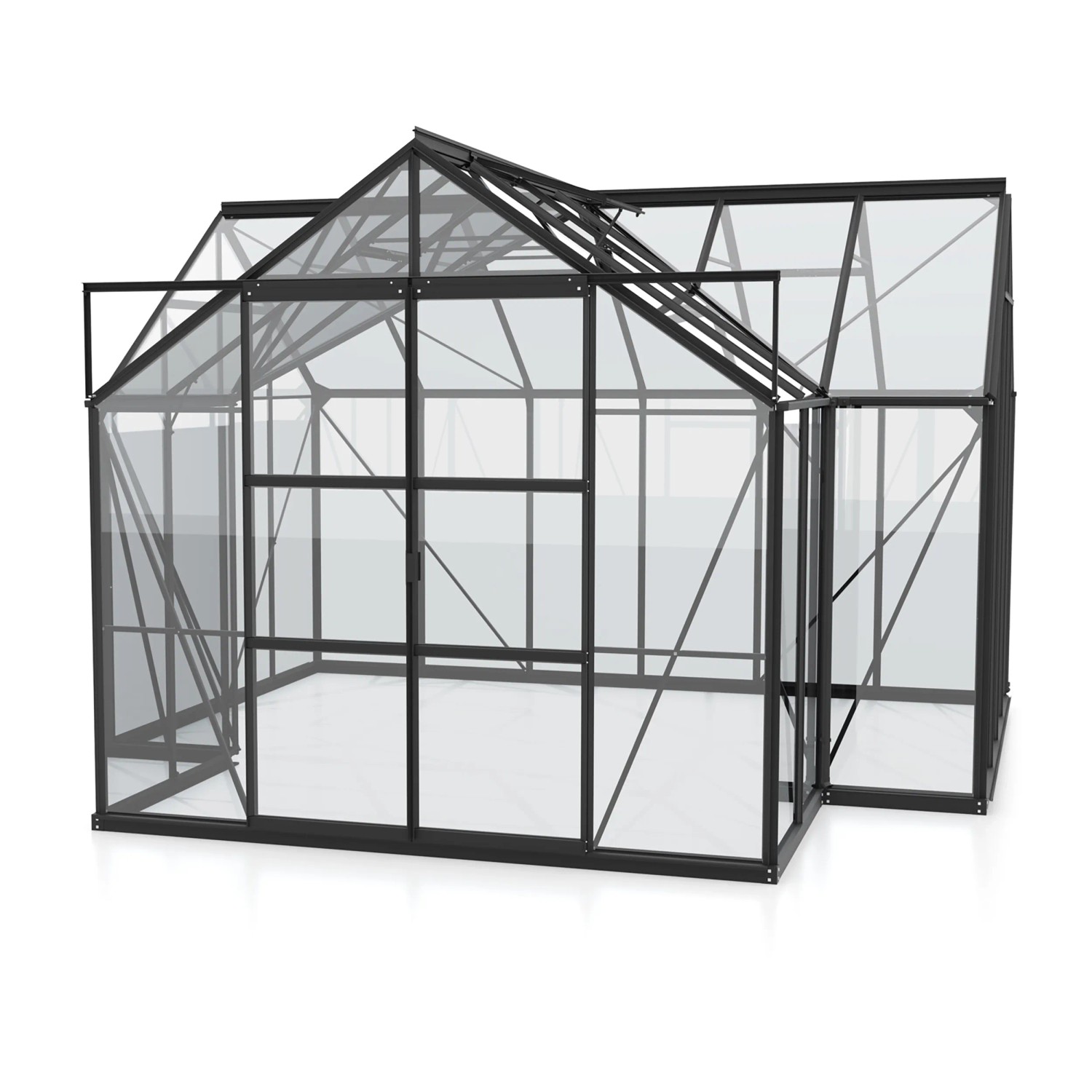 Schwarzes Vitavia Gewächshaus Sirius mit 13 m², ESG-Glas und Fundament für den Garten.