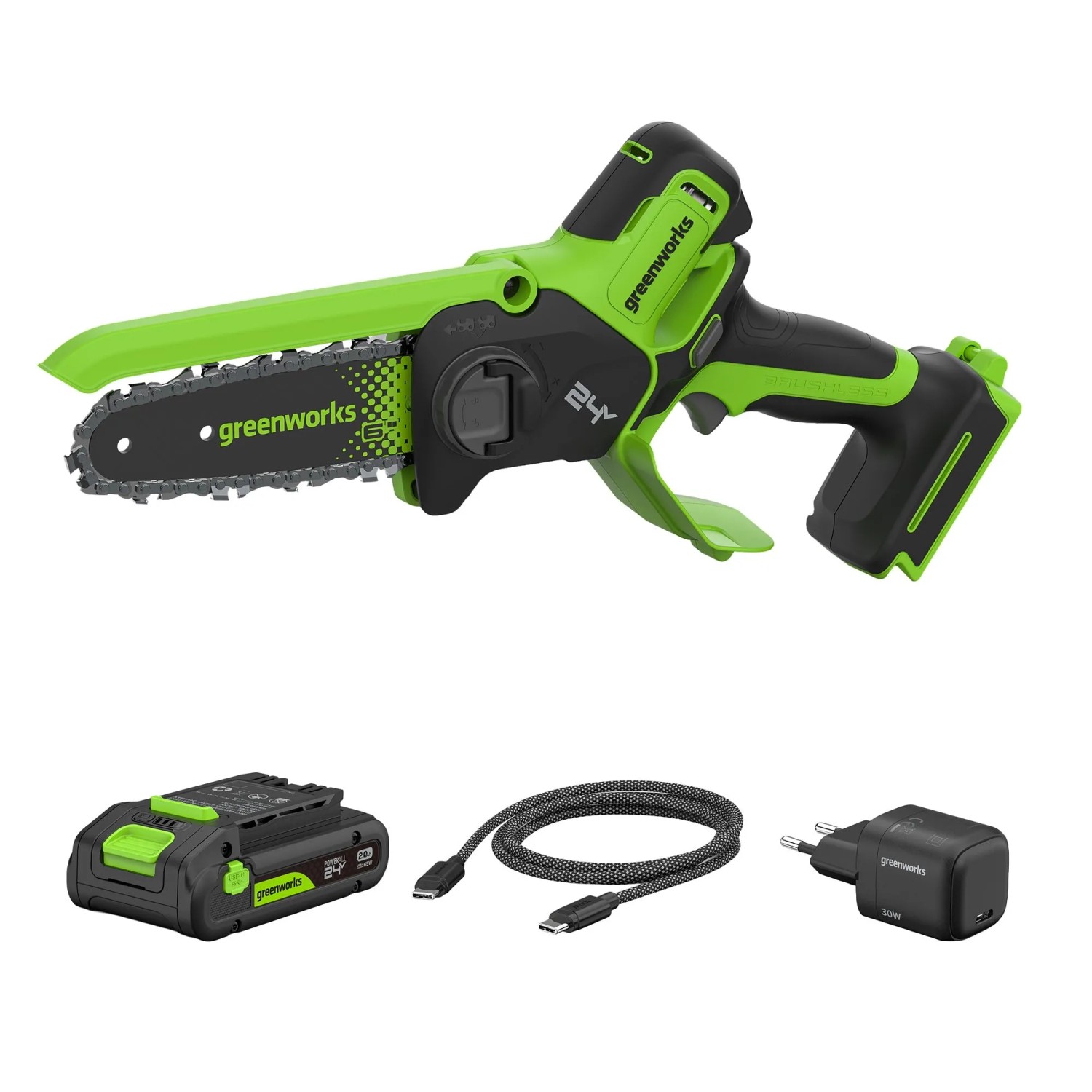 Greenworks Mini-Akku-Kettensäge-Set CS1522GA2 Schwertlänge 15 cm 24 V