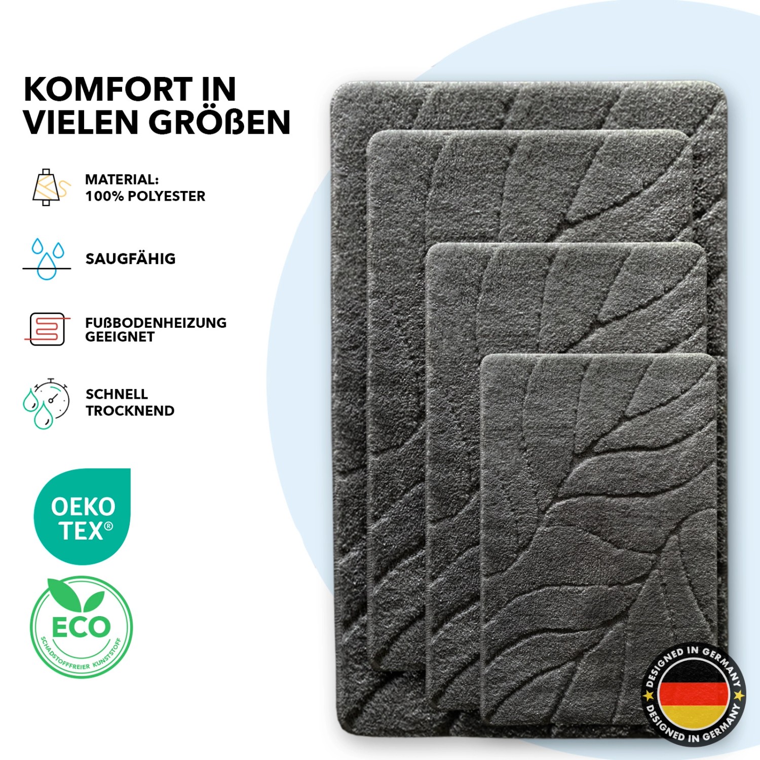 Karat Badematten Set Maris in Dunkelgrau mit Blattmuster, verschiedene Größen.
