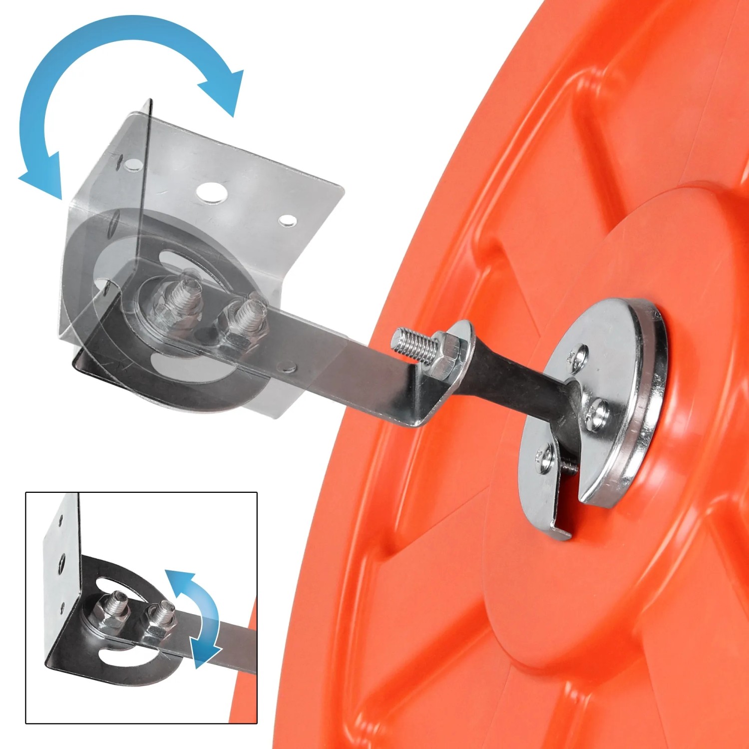 Detailaufnahme: Roter ECD Germany Verkehrsspiegel 30 cm mit schwenkbarer Halterung.