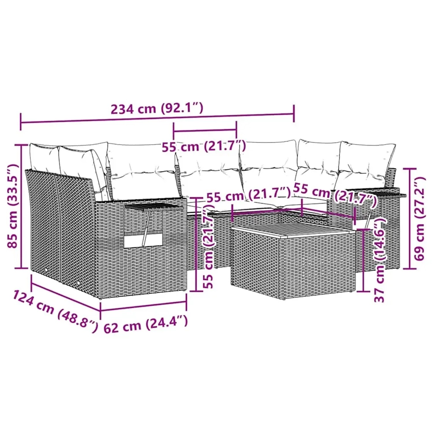 Schwarze 7-tlg. vidaXL Garten-Sofagarnitur aus Poly Rattan mit cremeweißen Kissen und Tisch.