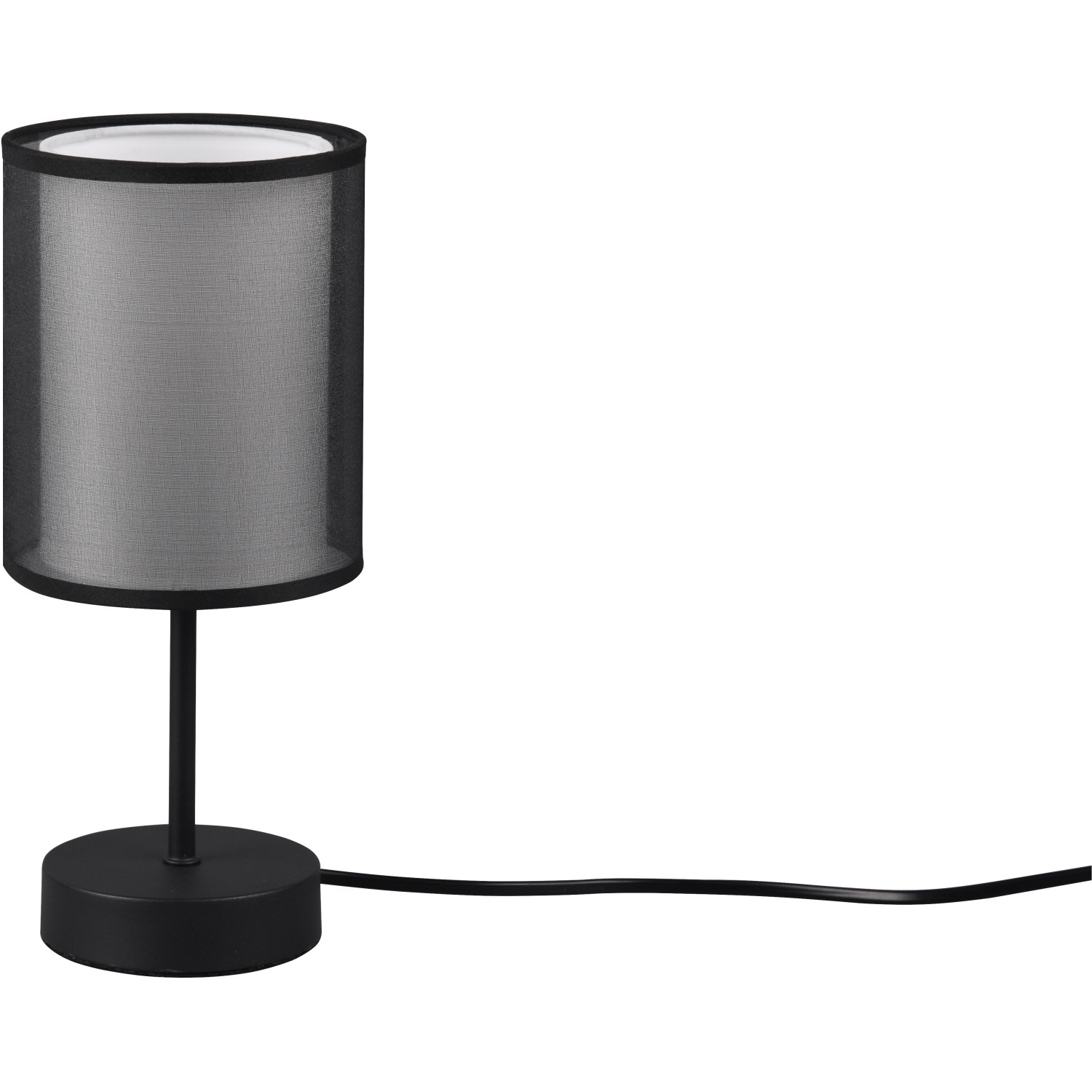 Schwarze Trio Tischleuchte Burton mit transparent-schwarzem Stoffschirm. Design-Tischlampe für E14 Leuchtmittel.