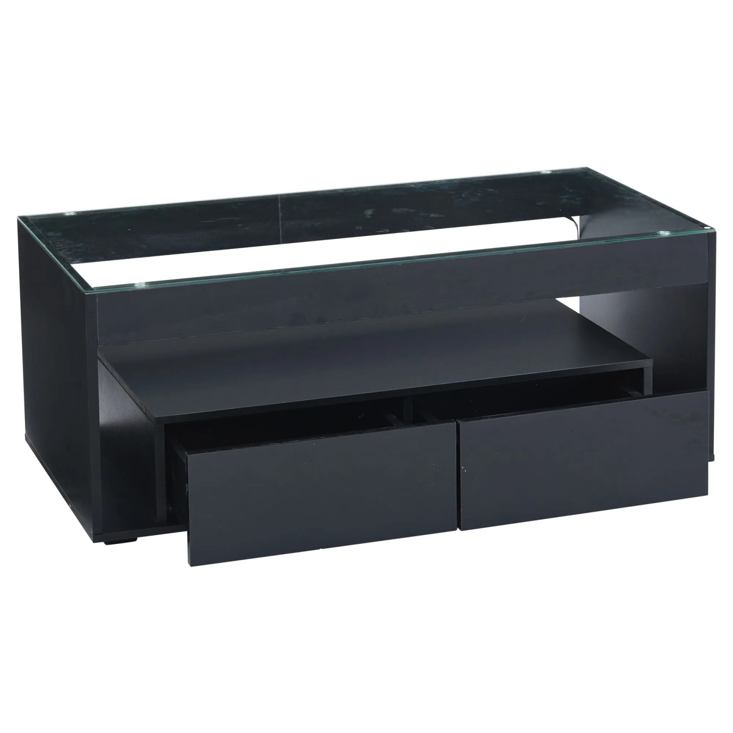 okwish Couchtisch mit LED Licht Schubladen Glas Design 100x50x40cm Schwarz