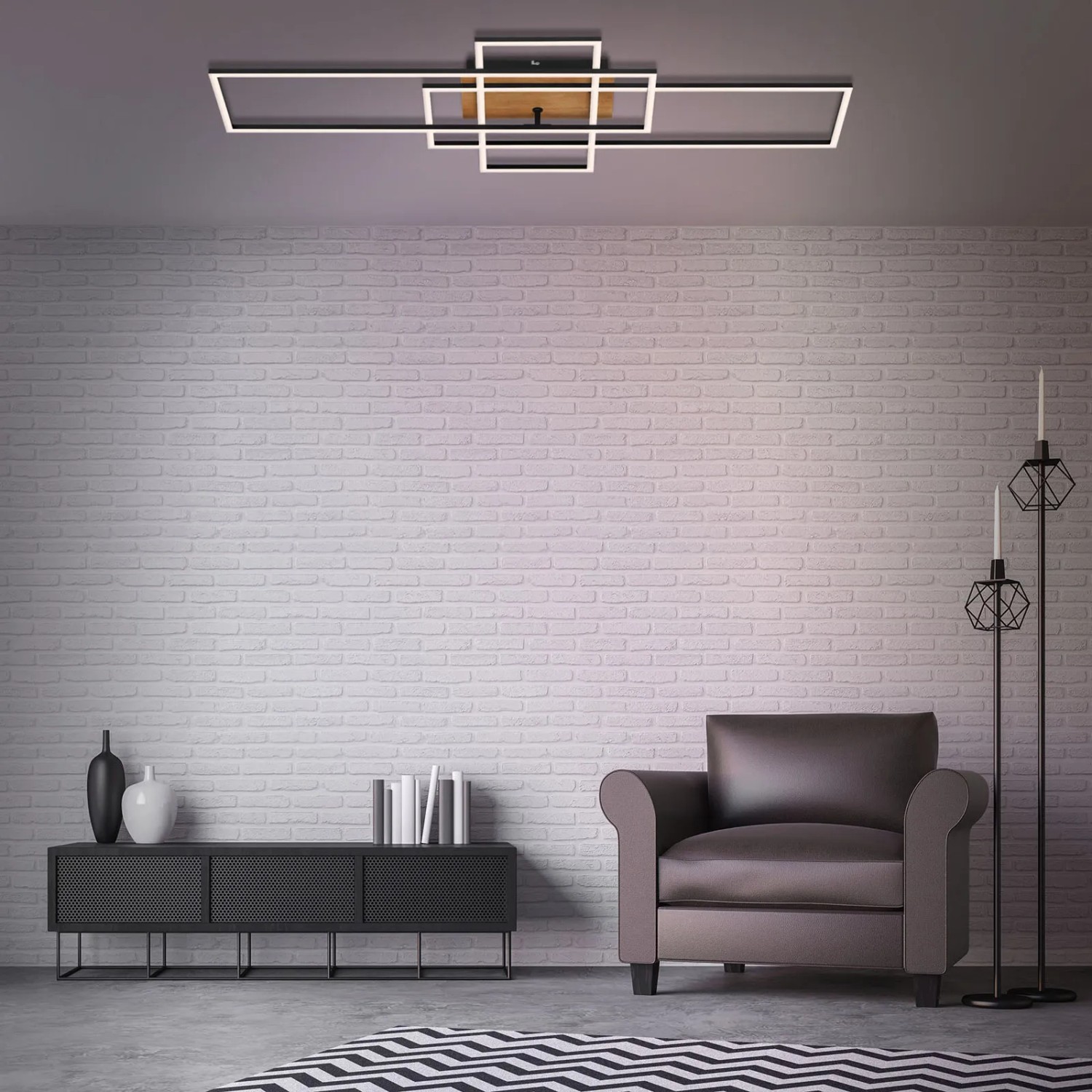 Moderne Brilo LED-Deckenleuchte Frame mit Holzdekor, dimmbar und mit Fernbedienung.
