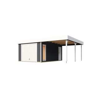 Lasita Maja Holzgarage Bahamas mit Schwingtor, carbongrau, mit Anbau und Seitentür.