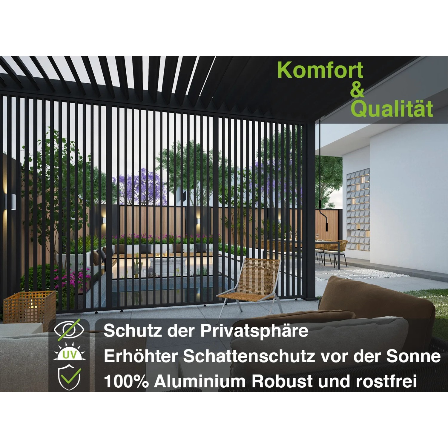 Anthrazitfarbene Weide Lamellenwand aus Aluminium für Weide Pergola als Wind- und Sichtschutz.