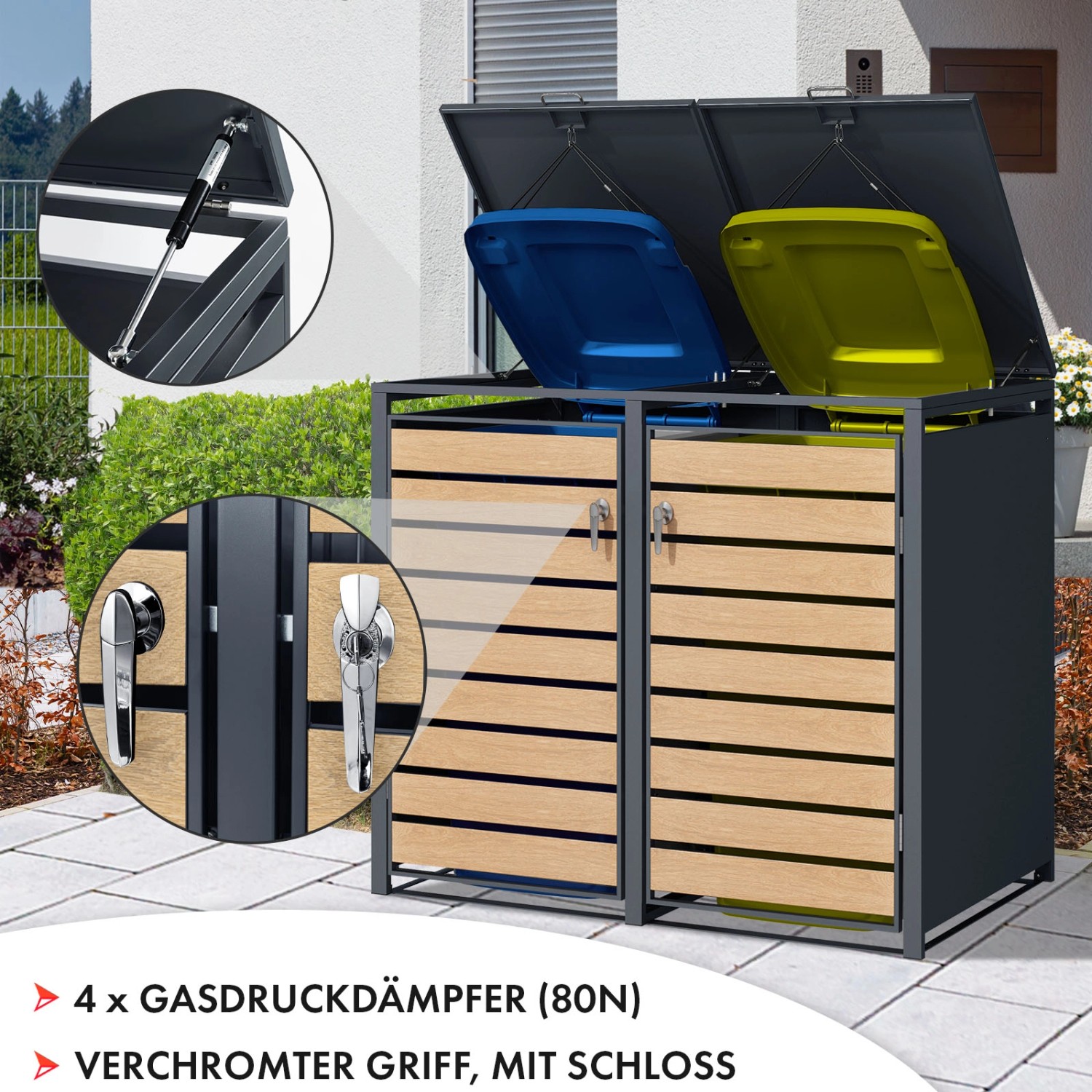 KARAT Mülltonnenbox Johan mit Edelstahlrahmen und Holzdekor für zwei Mülltonnen.