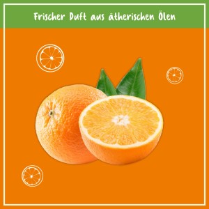 Poliboy Küchen Reiniger: Frische Orangen und Blätter auf orangefarbenem Grund. Hinweis auf frischen Duft aus ätherischen Ölen.
