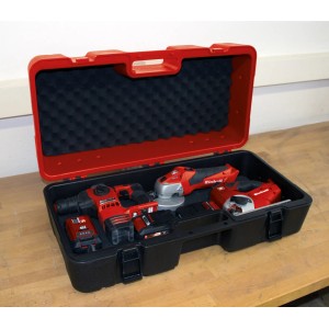 Einhell E-Box L70/35 Werkzeugkoffer aus Kunststoff, gefüllt mit Werkzeugen.