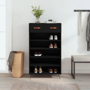 Schwarzer vidaXL Schuhschrank (60x35x105 cm) aus Holzwerkstoff mit Schublade und offenen Fächern.