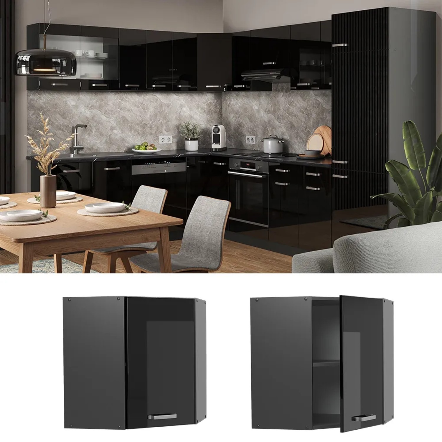 Vicco Eckhängeschrank R-Line, Küchen-Eckschrank, Schwarz Hochglanz/Anthrazit, 57 cm.
