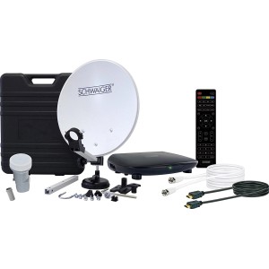 Schwaiger Camping Sat-Anlage 35cm mit Saugfuß, Receiver, LNB, Kabel und Zubehör im Koffer.