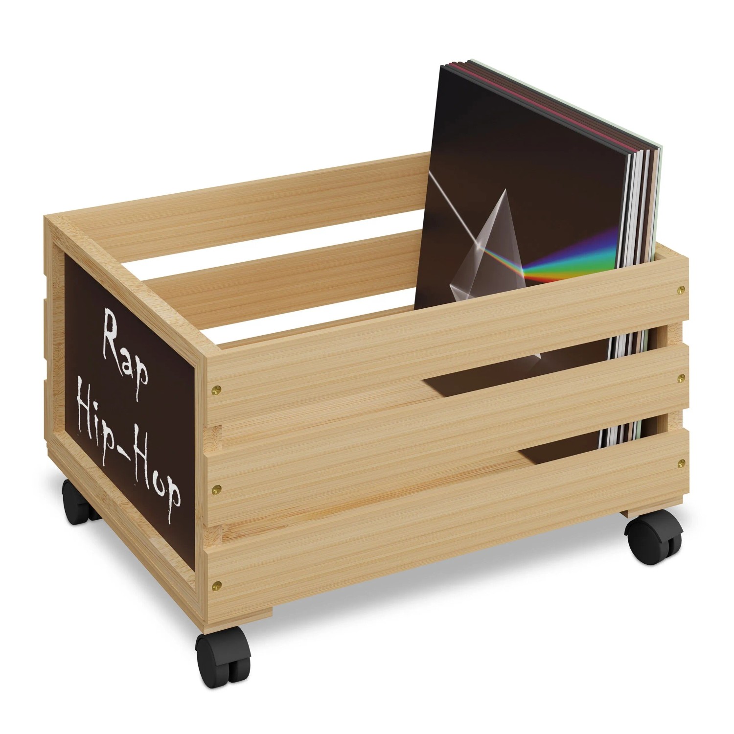 Relaxdays Schallplattenkiste Bambus Natur Schwarz Mit Rollen 27 cm x 43 cm x 34 cm 2,3 kg