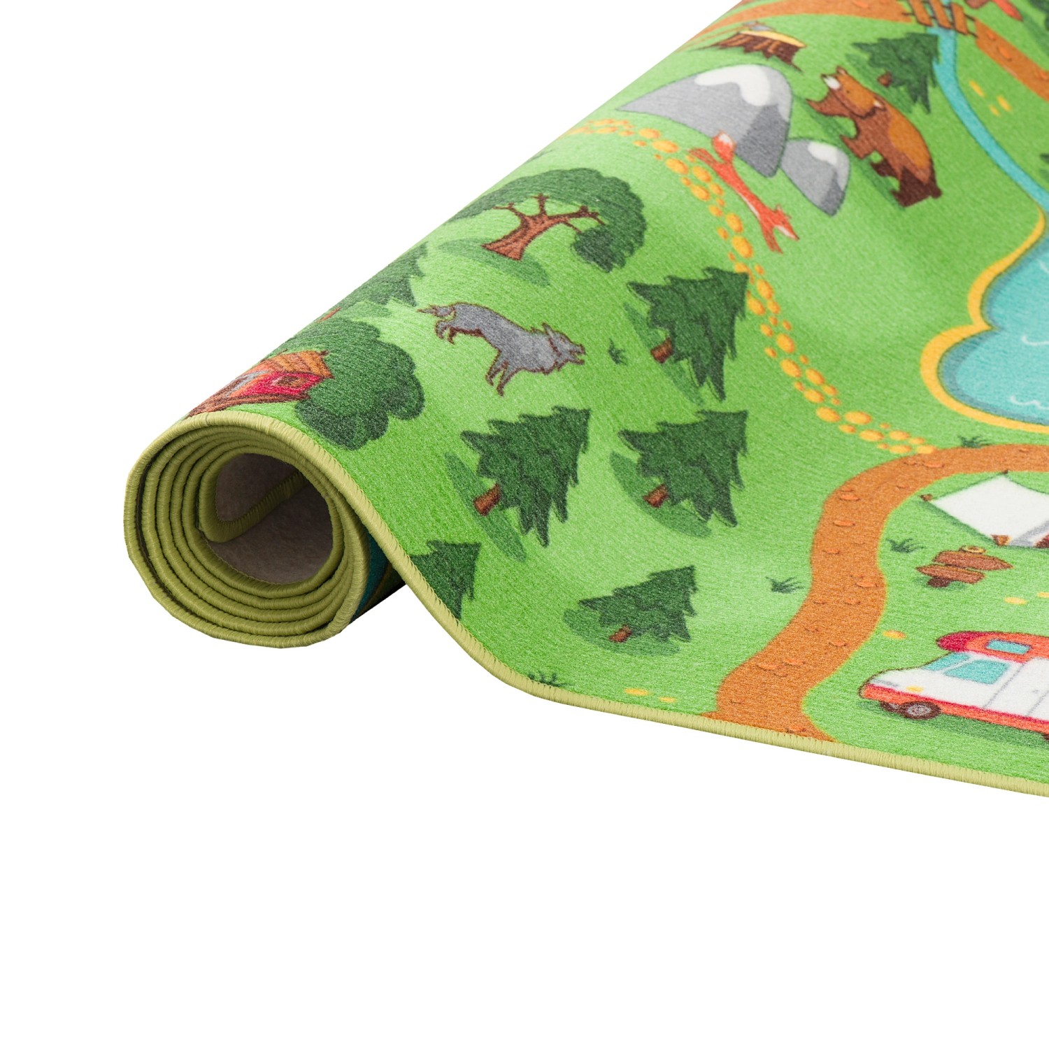 Gerollter, bunter Snapstyle Kinderteppich mit Campingplatz-Motiv, 80x200 cm.