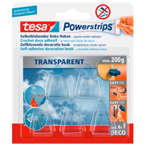 Tesa Powerstrips Deco-Haken transparent, 5 Stück, für leichte Deko-Artikel bis 200g.