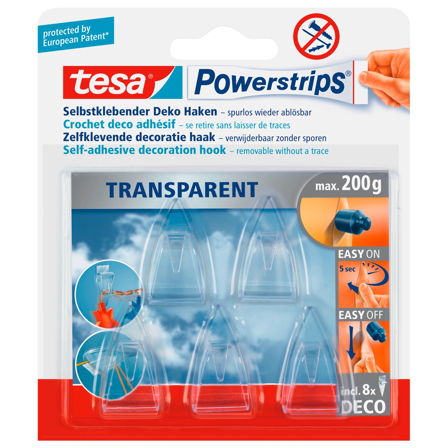 Tesa Powerstrips Deco-Haken Transparent 5 Stück mit 8 x Powerstrips