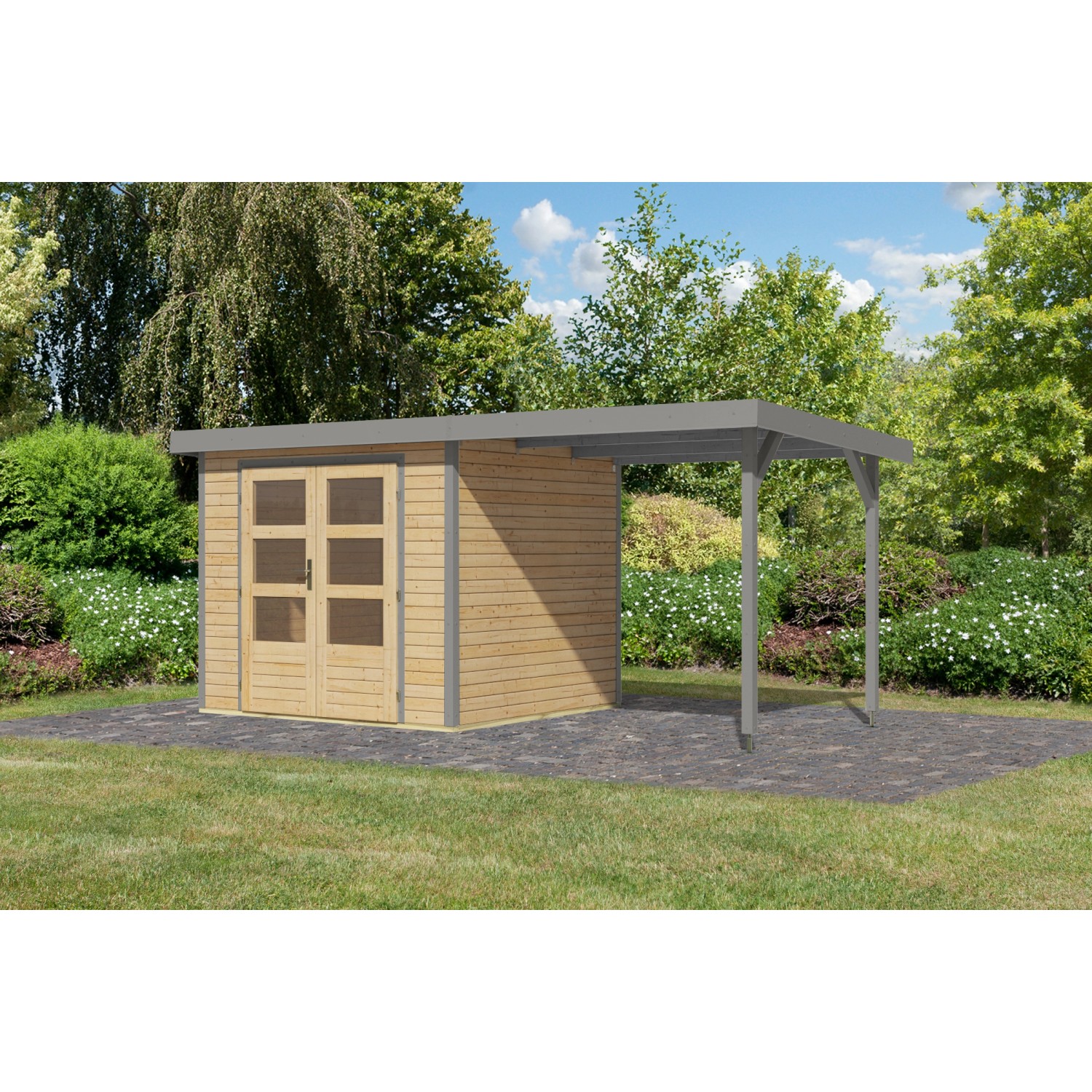 Karibu Gartenhaus Ernesto 3 A m. Anbaudach Natur/Grau 209 x 238 x 213 cm günstig online kaufen